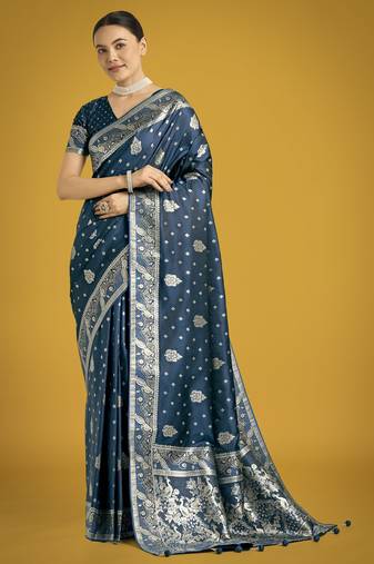 rama silk blend banarasi jacuard work saree with unstitched blouse piece