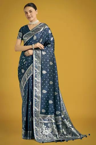 rama silk blend banarasi jacuard work saree with unstitched blouse piece