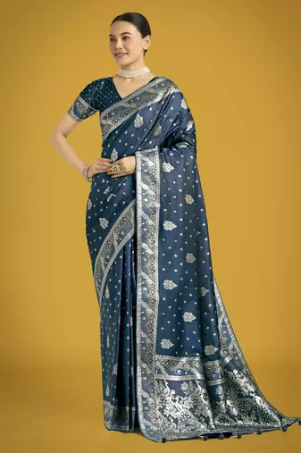 rama silk blend banarasi jacuard work saree with unstitched blouse piece