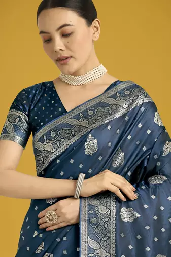 rama silk blend banarasi jacuard work saree with unstitched blouse piece