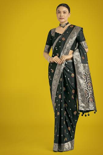 green silk blend banarasi jacuard work saree with unstitched blouse piece