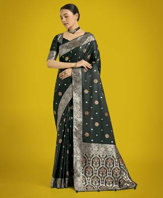 green silk blend banarasi jacuard work saree with unstitched blouse piece 2