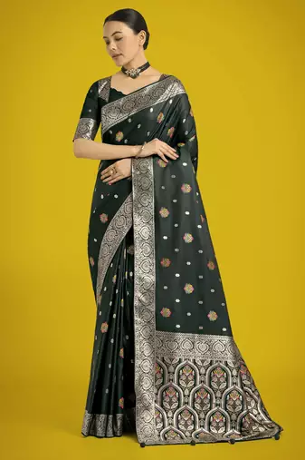 green silk blend banarasi jacuard work saree with unstitched blouse piece