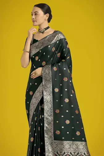 green silk blend banarasi jacuard work saree with unstitched blouse piece