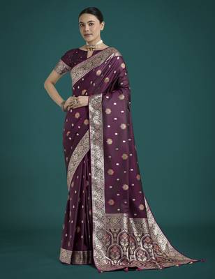 wine silk blend banarasi jacuard work saree with unstitched blouse piece 1