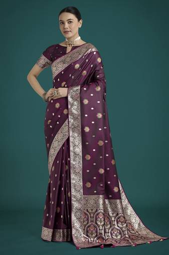 wine silk blend banarasi jacuard work saree with unstitched blouse piece