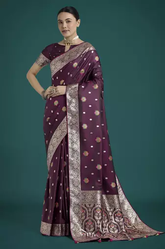 wine silk blend banarasi jacuard work saree with unstitched blouse piece
