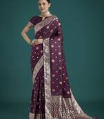 wine silk blend banarasi jacuard work saree with unstitched blouse piece