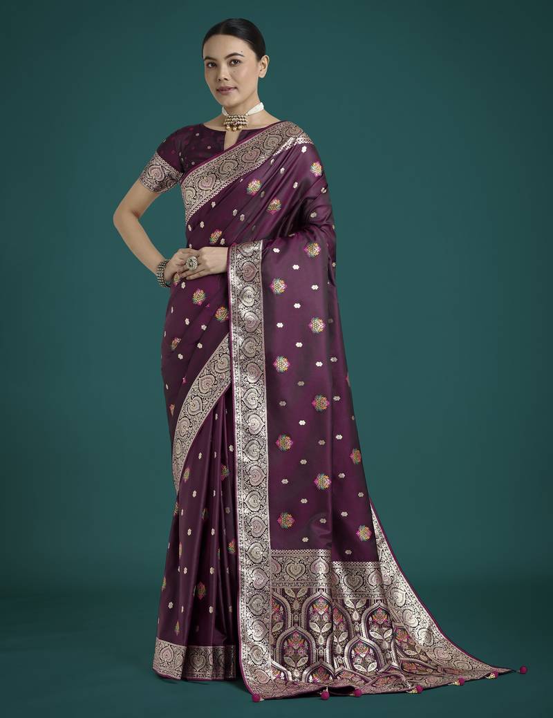 wine silk blend banarasi jacuard work saree with unstitched blouse piece