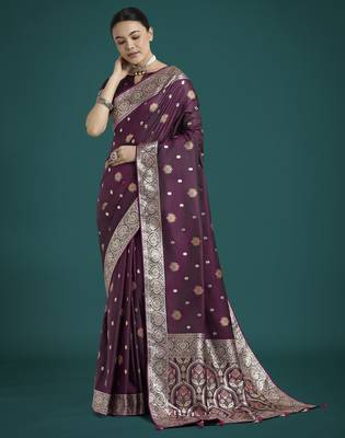 wine silk blend banarasi jacuard work saree with unstitched blouse piece 2