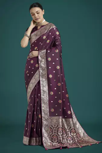 wine silk blend banarasi jacuard work saree with unstitched blouse piece