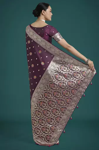 wine silk blend banarasi jacuard work saree with unstitched blouse piece
