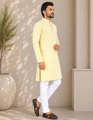 Yellow color traditional chikankari embroidery cotton men's kurta payjama set 3
