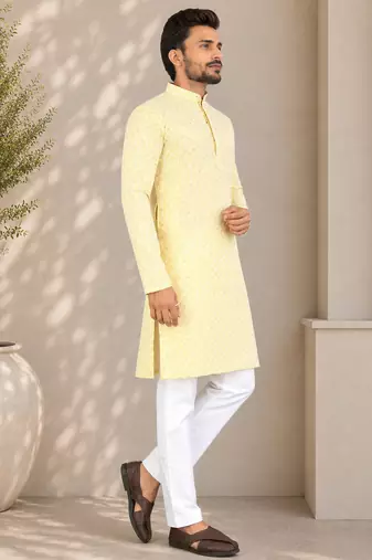 Yellow color traditional chikankari embroidery cotton men's kurta payjama set