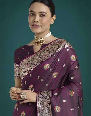 wine silk blend banarasi jacuard work saree with unstitched blouse piece 4
