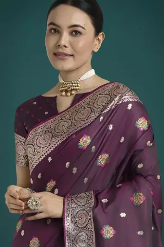 wine silk blend banarasi jacuard work saree with unstitched blouse piece