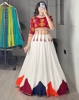 White Plain Kali Work Rayon Navratri Lehenga With Fancy Blouse - Full stitched free size 1