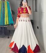 White Plain Kali Work Rayon Navratri Lehenga With Fancy Blouse - Full stitched free size