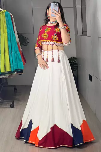 White Plain Kali Work Rayon Navratri Lehenga With Fancy Blouse - Full stitched free size