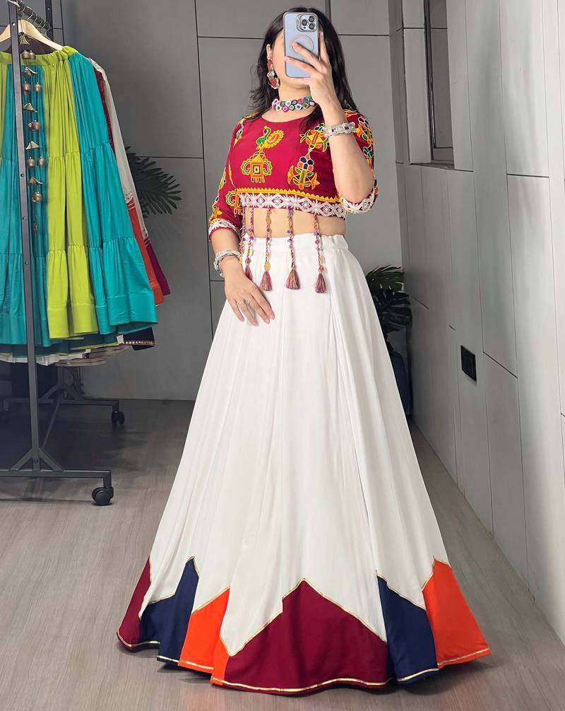 White Plain Kali Work Rayon Navratri Lehenga With Fancy Blouse - Full stitched free size