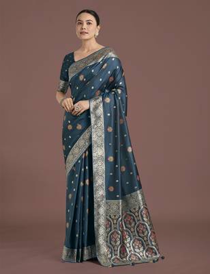 rama silk blend banarasi jacuard work saree with unstitched blouse piece 1