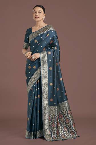 rama silk blend banarasi jacuard work saree with unstitched blouse piece