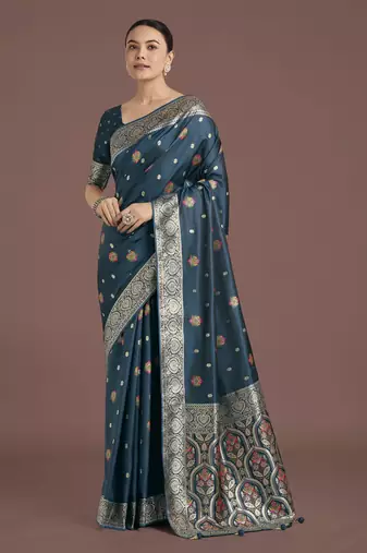 rama silk blend banarasi jacuard work saree with unstitched blouse piece