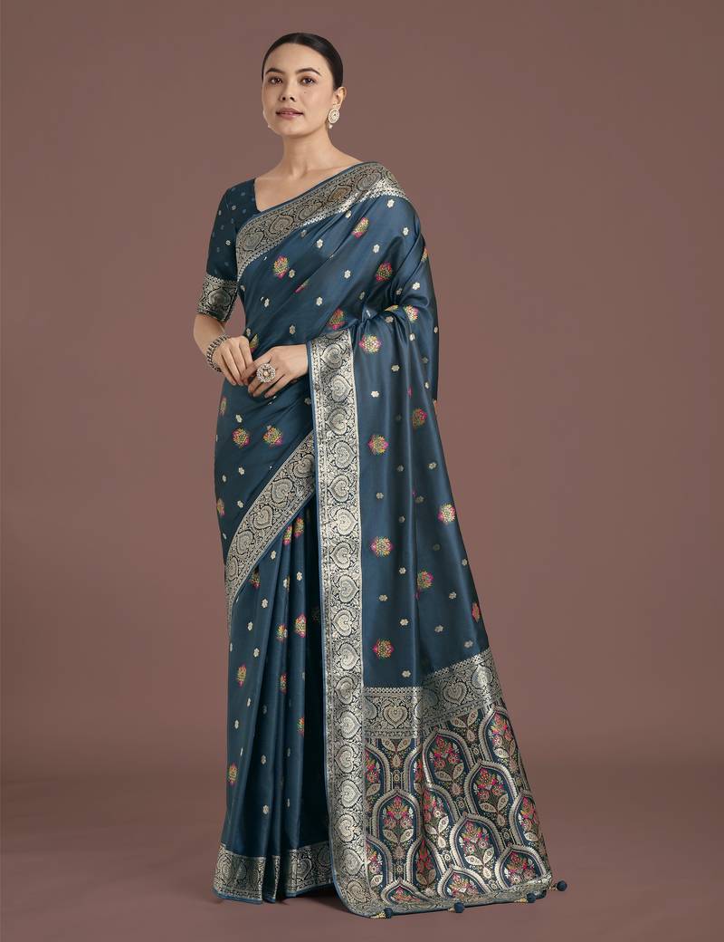 rama silk blend banarasi jacuard work saree with unstitched blouse piece