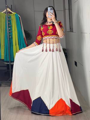 White Plain Kali Work Rayon Navratri Lehenga With Fancy Blouse - Full stitched free size 3