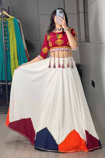 White Plain Kali Work Rayon Navratri Lehenga With Fancy Blouse - Full stitched free size