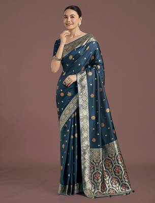 rama silk blend banarasi jacuard work saree with unstitched blouse piece 2