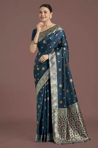 rama silk blend banarasi jacuard work saree with unstitched blouse piece