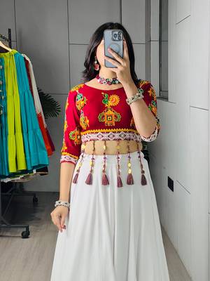 White Plain Kali Work Rayon Navratri Lehenga With Fancy Blouse - Full stitched free size 4