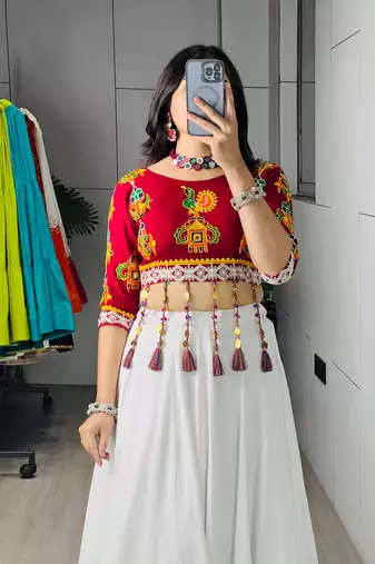 White Plain Kali Work Rayon Navratri Lehenga With Fancy Blouse - Full stitched free size