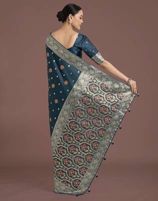 rama silk blend banarasi jacuard work saree with unstitched blouse piece 3