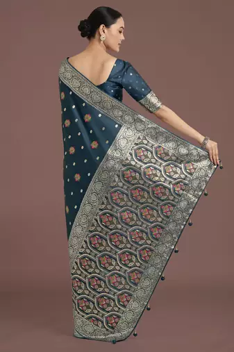 rama silk blend banarasi jacuard work saree with unstitched blouse piece
