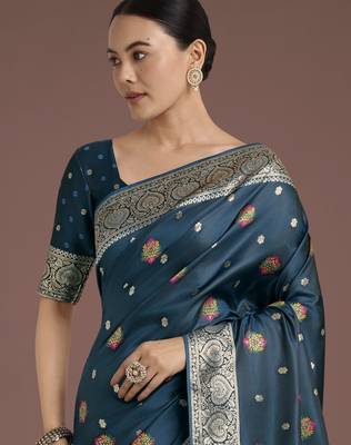 rama silk blend banarasi jacuard work saree with unstitched blouse piece 4