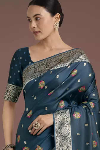 rama silk blend banarasi jacuard work saree with unstitched blouse piece