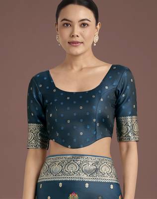 rama silk blend banarasi jacuard work saree with unstitched blouse piece 5