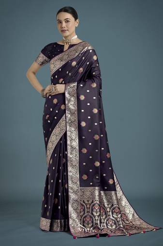 plum silk blend banarasi jacuard work saree with unstitched blouse piece