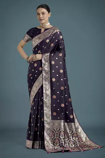 plum silk blend banarasi jacuard work saree with unstitched blouse piece