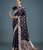 plum silk blend banarasi jacuard work saree with unstitched blouse piece
