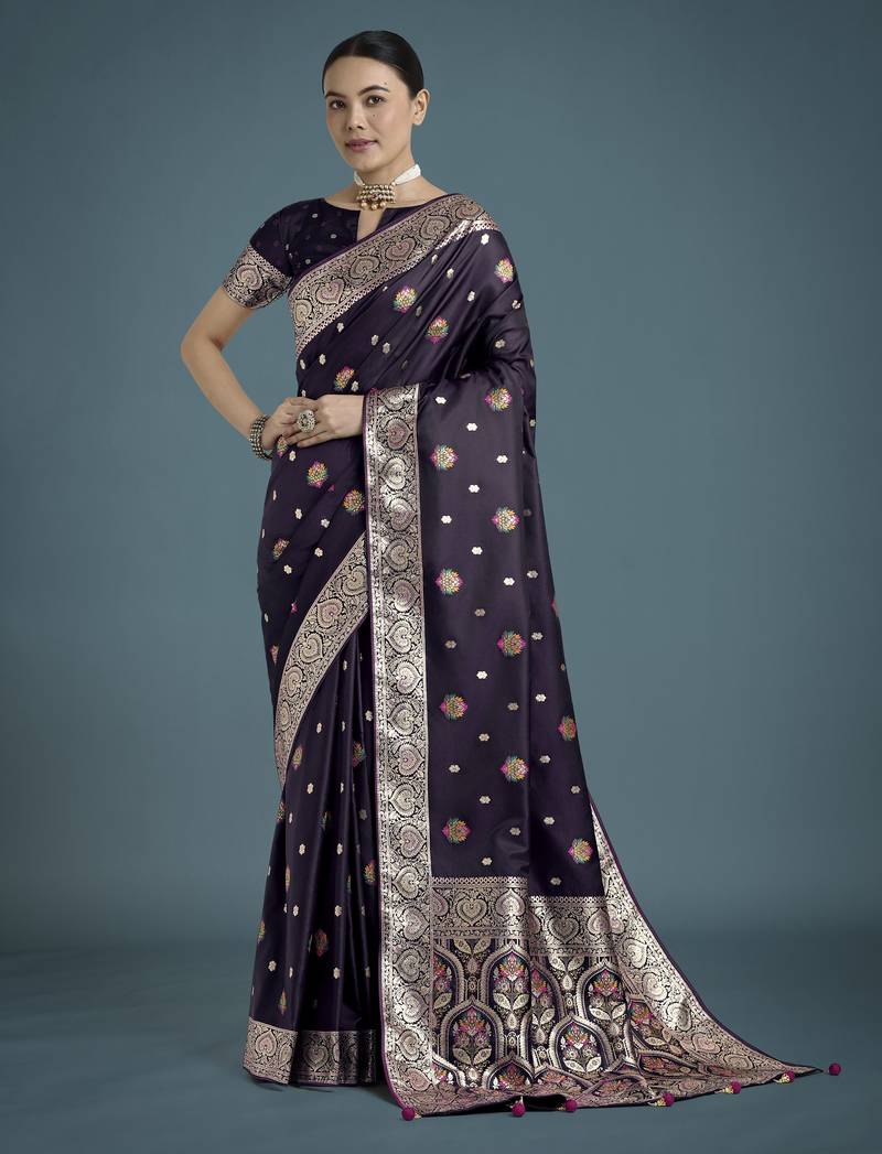 plum silk blend banarasi jacuard work saree with unstitched blouse piece