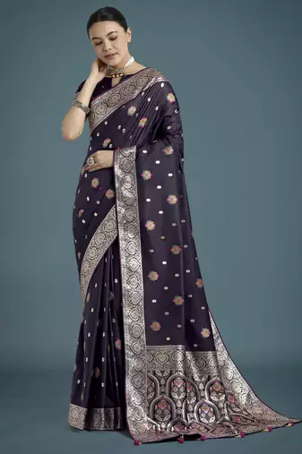 plum silk blend banarasi jacuard work saree with unstitched blouse piece