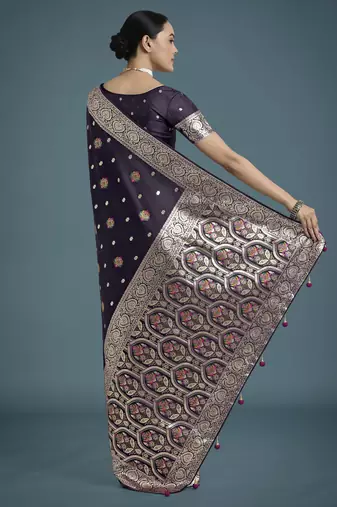 plum silk blend banarasi jacuard work saree with unstitched blouse piece