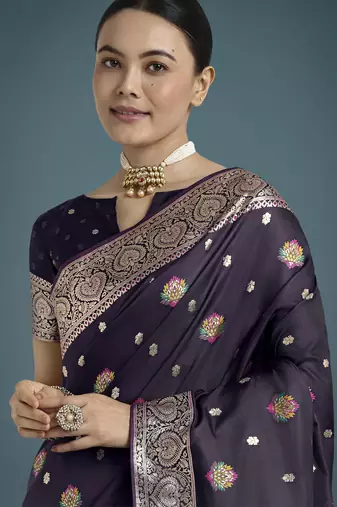 plum silk blend banarasi jacuard work saree with unstitched blouse piece
