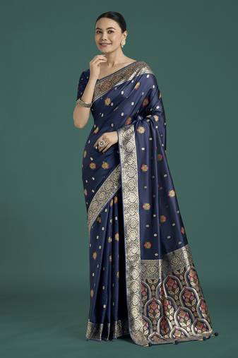 Blue banarasi silk blend jacuard work saree with unstitched blouse piece