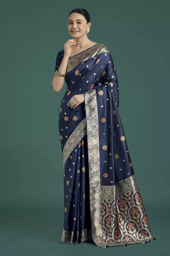 Blue banarasi silk blend jacuard work saree with unstitched blouse piece