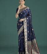 Blue banarasi silk blend jacuard work saree with unstitched blouse piece