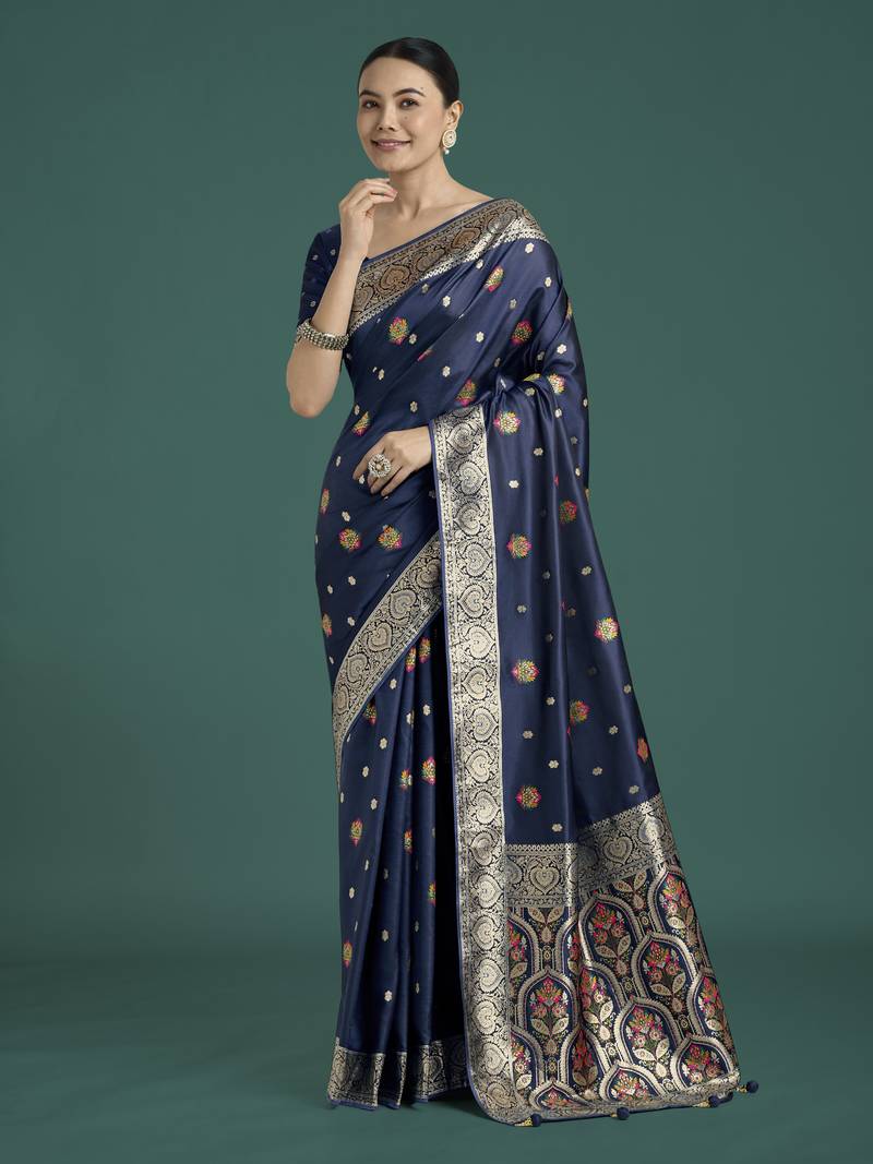 Blue banarasi silk blend jacuard work saree with unstitched blouse piece